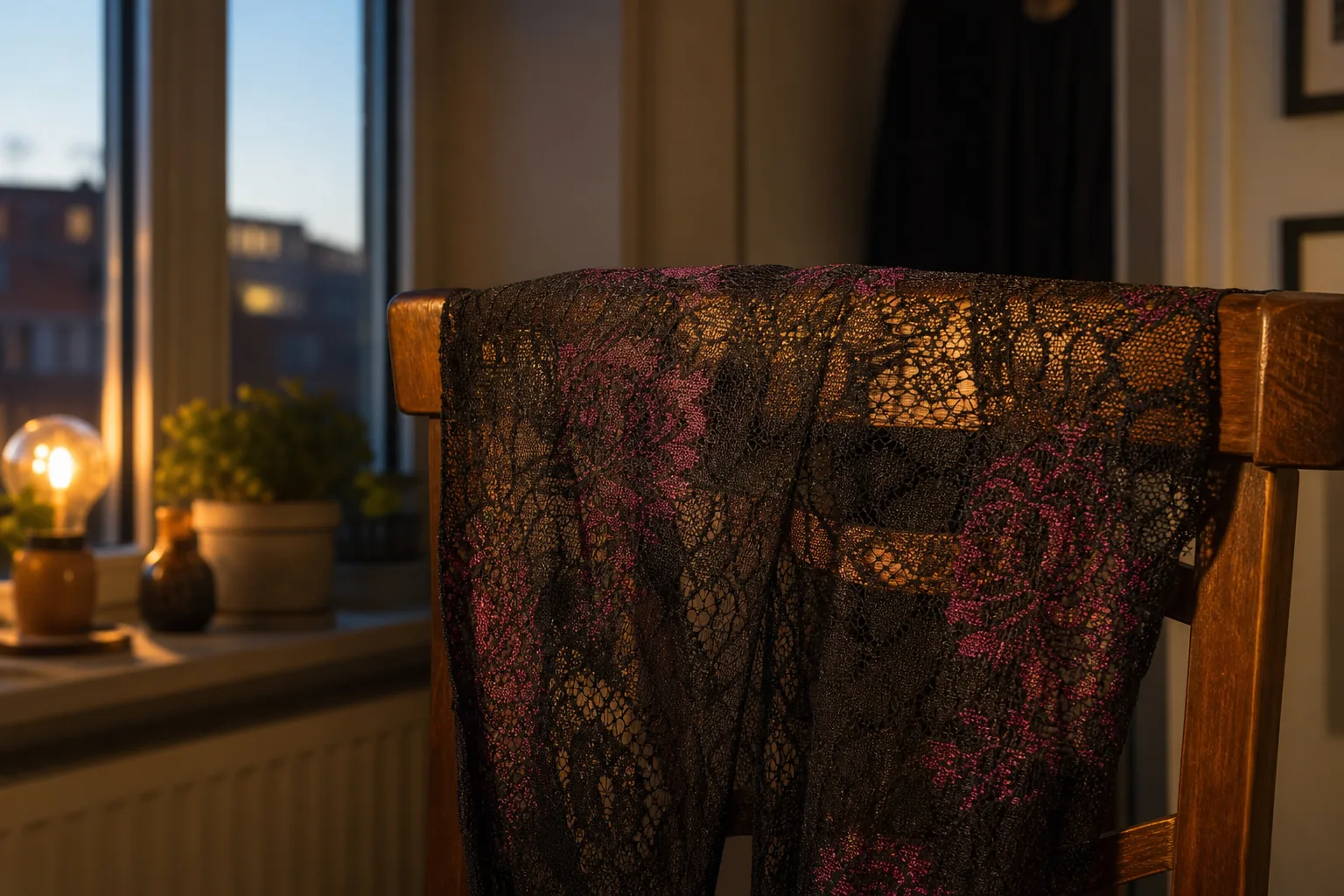 Närbild på mönstrad spets i en strumpbyxa