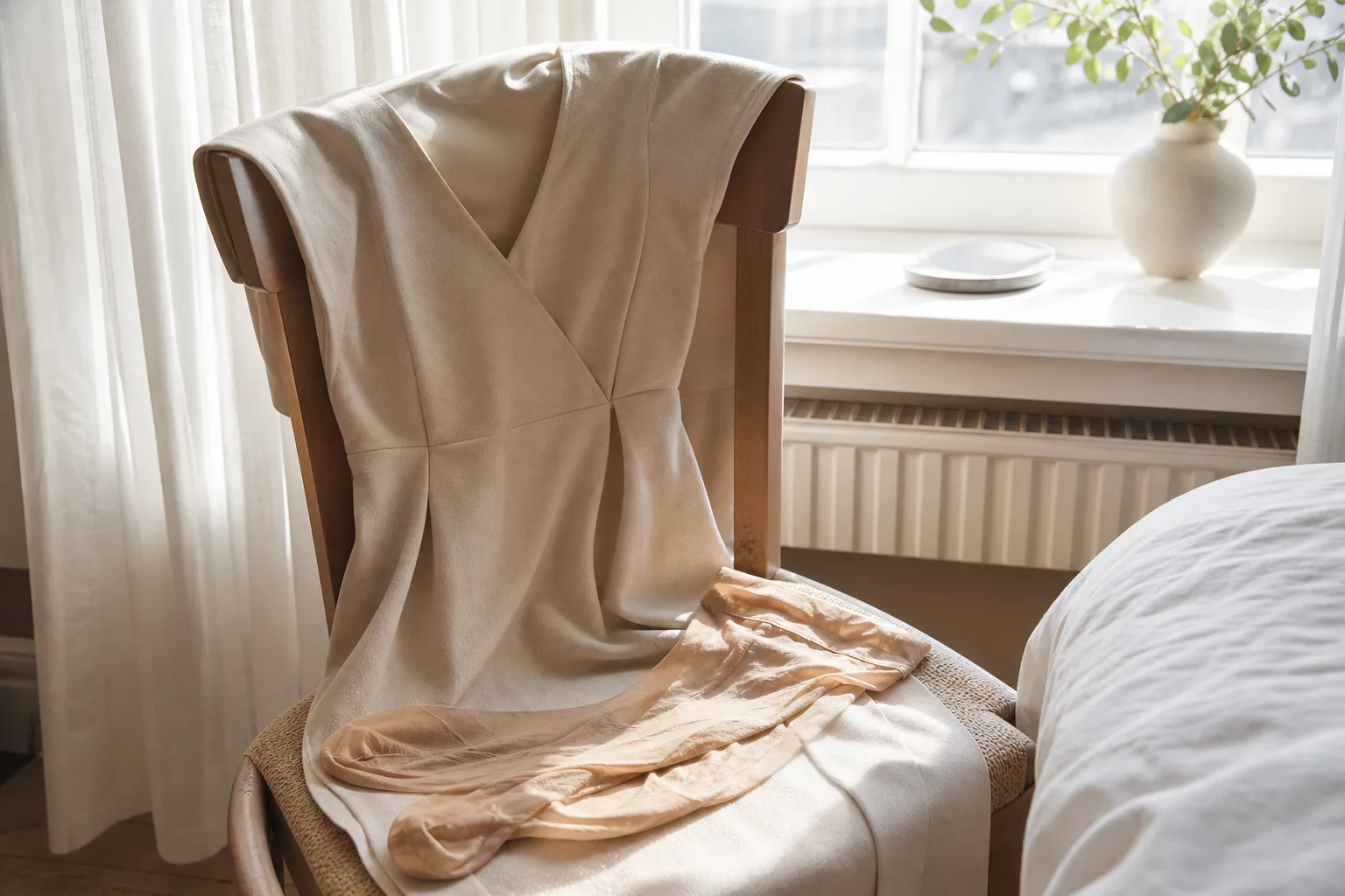 Hudtonade strumpbyxor bredvid en beige klänning